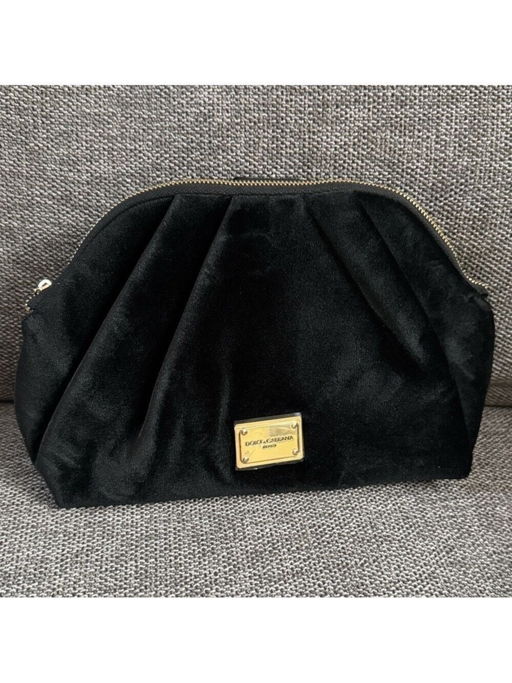 Dolce & Gabbana Women Black Velvet Signature Cosmetic Pouch Makeup Bag New